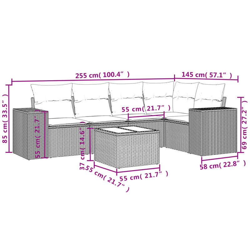 Vidaxl Gartenmöbel-Set aus Polyrattan mit Kissen und Glastisch, 6-teilig, Beige und Grau, Modernes Design - Bild 2