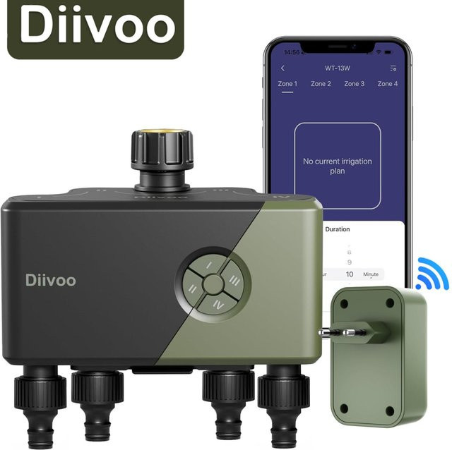Diivoo Programmierbare Bewässerungsuhr mit 4 Ausgängen und Regensensor in Grün - Bild 1