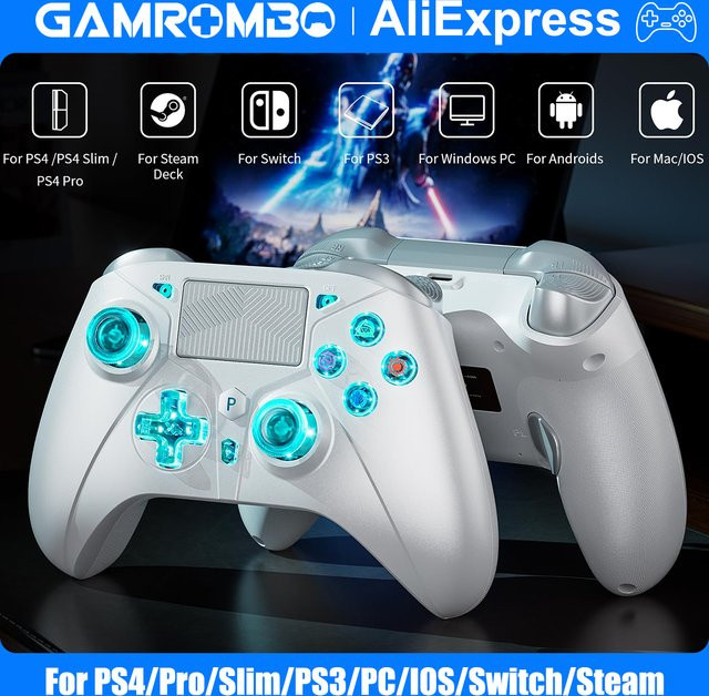 GAMROMBO Wireless Controller in Weiß für PlayStation 4, PS4 Pro, Slim, PS3, PC, iOS und Nintendo Switch mit 6-Achsen-Bewegungssensor, Vibration und 3,5 mm Klinkenanschluss - Bild 1