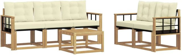 vidaXL Outdoor-Sofagarnitur 6-teilig in L-Form mit Kissen und Couchtisch, Weiß und Beige, aus Akazienholz und Textilene - Bild 1