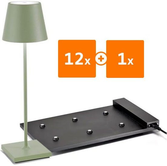 Zafferano Poldina Pro LED-Akkuleuchten Set mit Multikontakt-Ladestation, 12 Stück, Salbeigrün, dimmbar, IP65 wetterfest - Bild 1
