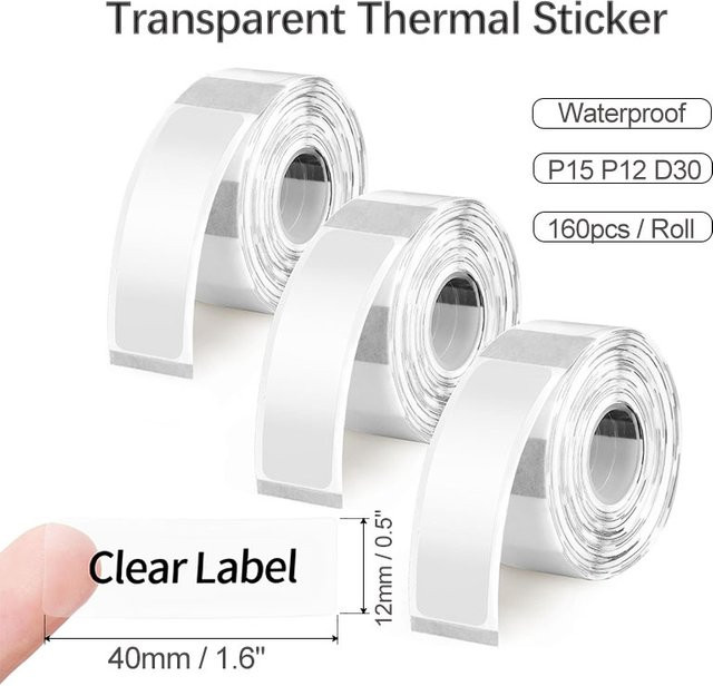 Transparente Thermo-Etikettenbandrolle selbstklebend und wasserdicht für D30 P15, B: 12 mm, H: 40 mm - Bild 1