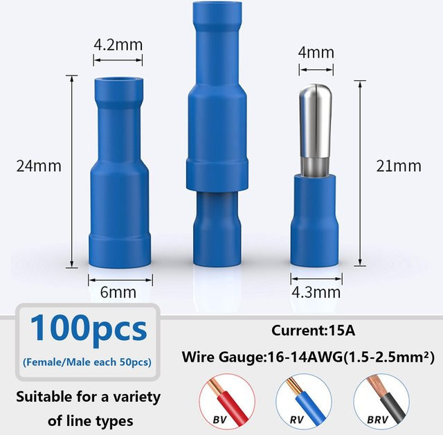 AOKIN Bullet-Steckverbinder Set 100 Stück, Blau, männlich und weiblich, 16-14AWG für Automobil, Boot und Industrie - Bild 1