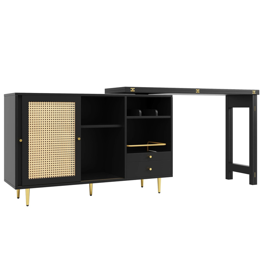 okwish Stehtisch mit Rattantür in Schwarz, erweiterbares Regal im Retro-Design für Küche und Wohnzimmer, B/T/H: 107 x 40 x 71,4 cm - Bild 2