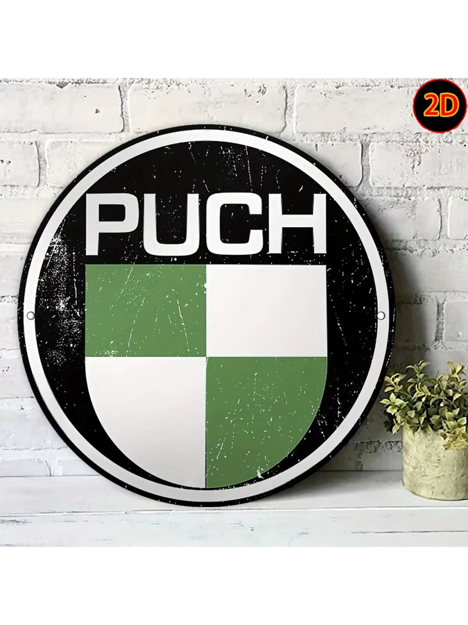 Potdemiel Vintage Metallschild PUCH rund mit grün-weiß kariertem Design aus Aluminium - Bild 7