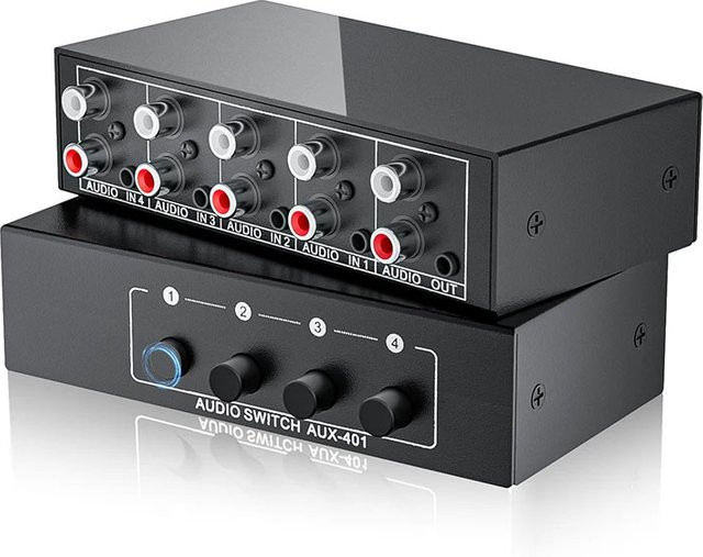 VBDWRM Stereo Audio Switch Selector 4-in-1 Bidirektionaler RCA AUX A/B Splitter mit 3,5 mm Klinke, Schwarz - Bild 1
