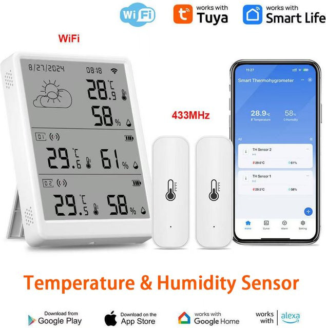 Tuya Smart Temperatur- und Feuchtigkeitssensor Set mit Display in Weiß, WiFi und RF433, kompatibel mit Alexa und Google Home - Bild 1