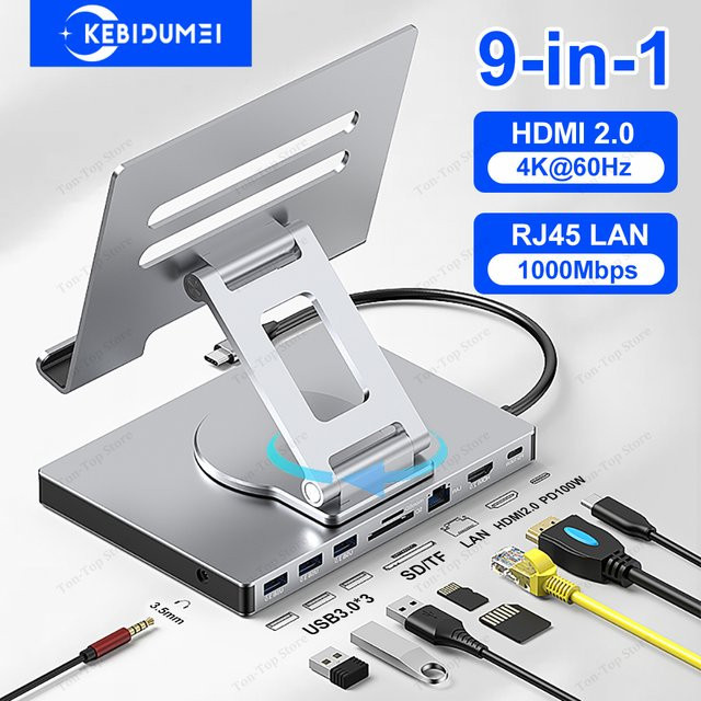 KEBIDUMEI 9-in-1 drehbare USB-C-Dockingstation mit HDMI 2.0 4K60Hz und 3x USB 3.0 sowie Gigabit-Ethernet Adapter für Laptop und PC - Bild 1