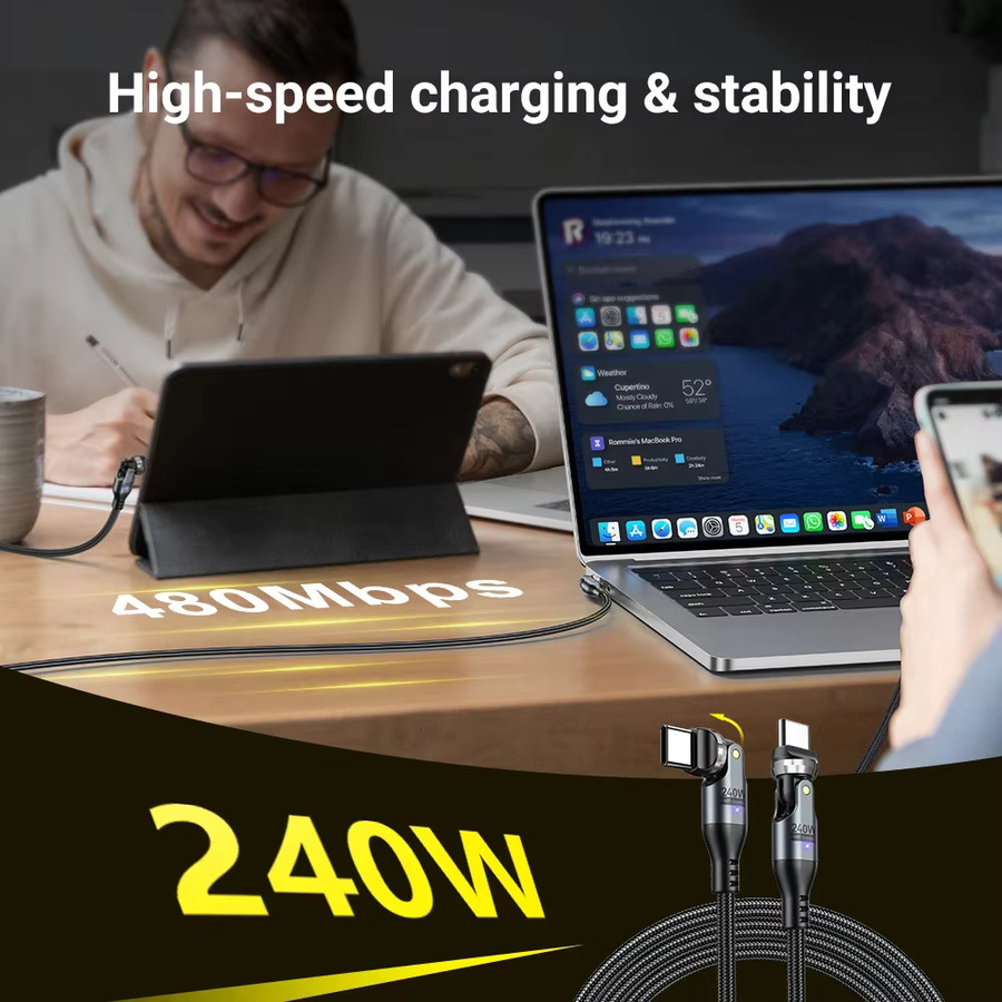 AUFU USB Typ C auf USB Typ C Kabel, 240W Super Fast Charging, 5A Datenkabel in Schwarz für iPhone 16, Macbook, iPad und Samsung - Bild 3