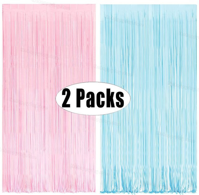 2er Packung Macaron Lametta-Fransenvorhänge in Rosa und Blau für Party-Dekoration und Gender Reveal Partys - Bild 1