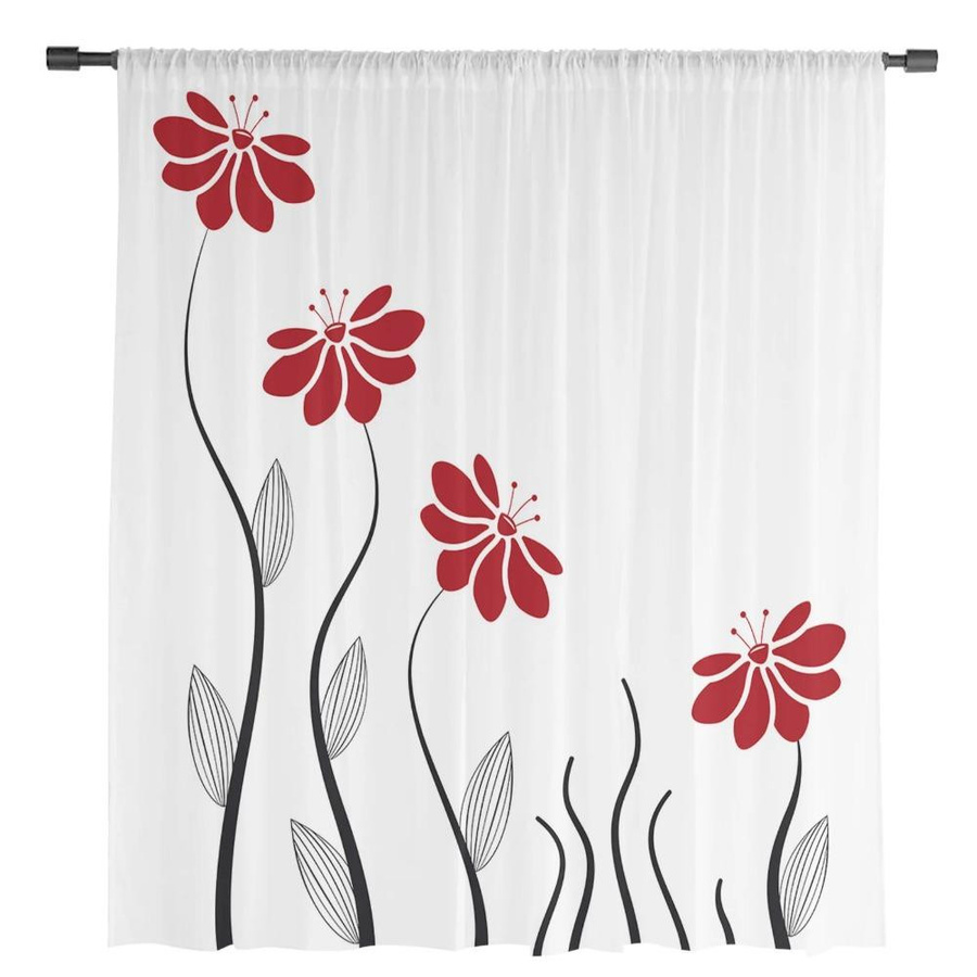 Yiran Furniture Transparente Tüll Vorhänge mit rotem Blumenmuster aus Organza und Voile, Breite: 135 cm, Höhe: 115 cm - Bild 1