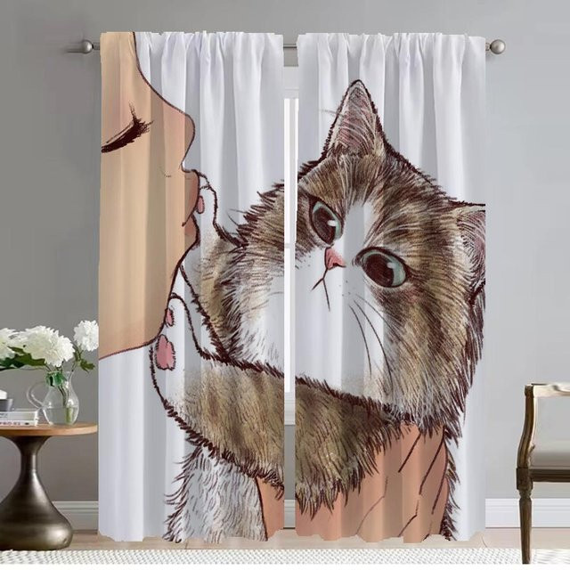 2er-Set Tüll-Vorhänge mit Katzenmotiv für Schlafzimmer und Wohnzimmer, Weiß, Breite: 50 cm, Höhe: 70 cm - Bild 1