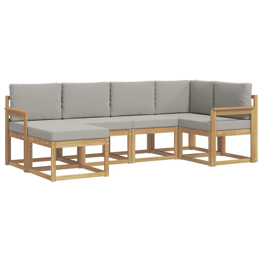vidaXL Outdoor-Sofagarnitur 6-teilig in L-Form aus massivem Akazienholz mit Polstern in Weiß und Hellgrau - Bild 2