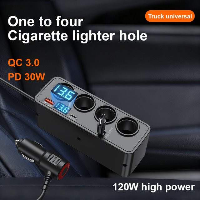 LEEPEE Multifunktionales Auto Ladegerät mit Digital Display und USB-C Schnellladefunktion QC3.0 + PD in Schwarz - Bild 1