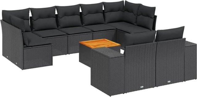 vidaXL 10-tlg Garten-Sofagarnitur in U-Form aus Polyrattan mit Kissen, Schwarz - Bild 1