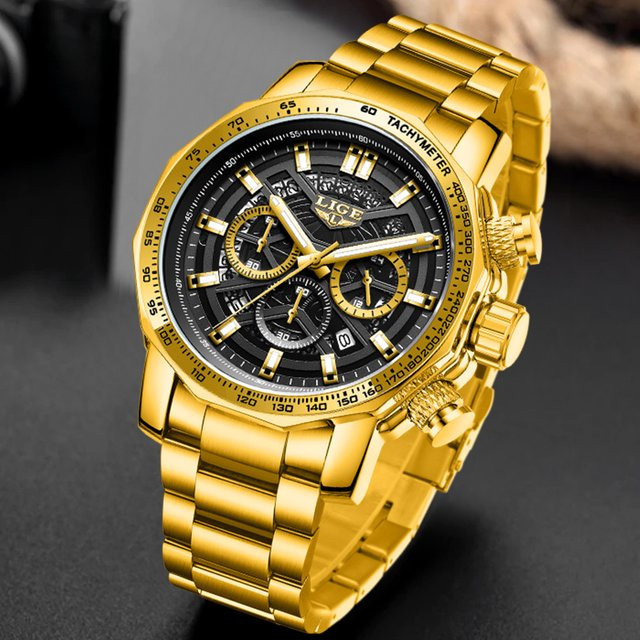 LIGE Chronograph Armbanduhr Edelstahl, Gold, Quarz, Herren - Bild 1