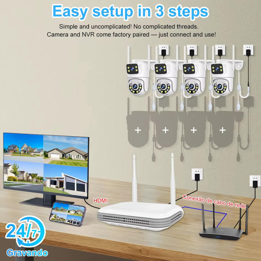 Kabelloses WiFi Sicherheitskamera-System mit 8CH NVR, 6MP Dual-Objektiv, KI-Menschenerkennung und Farbnachtsicht, IP66 Outdoor, Weiß - Bild 2