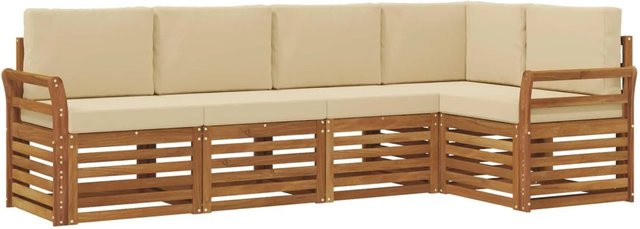 vidaXL Sofagarnitur 5-teilig aus Massivholz Akazie in Natur und Beige mit L-Form und Polsterkissen - Bild 1