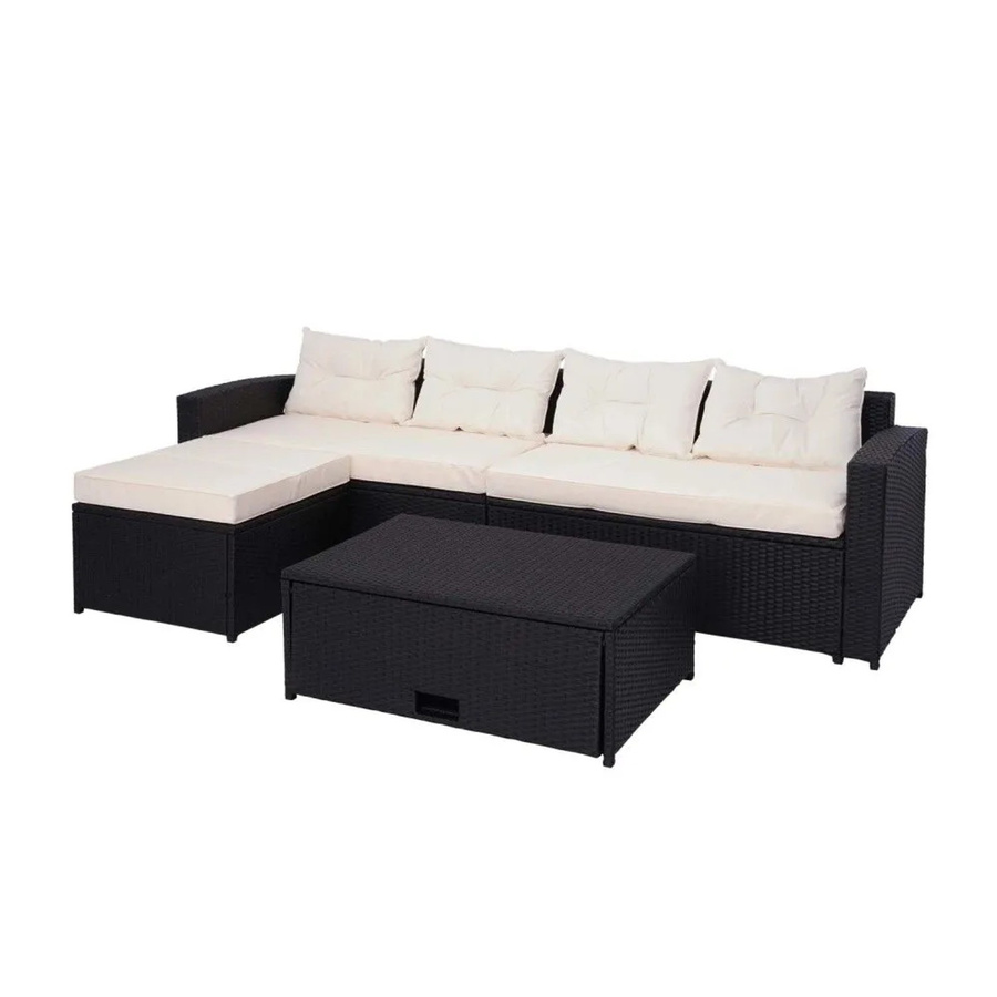 MCW Poly-Rattan Garten-Lounge-Set J34 in Schwarz mit cremefarbenen Kissen und integriertem Staufach - Bild 3