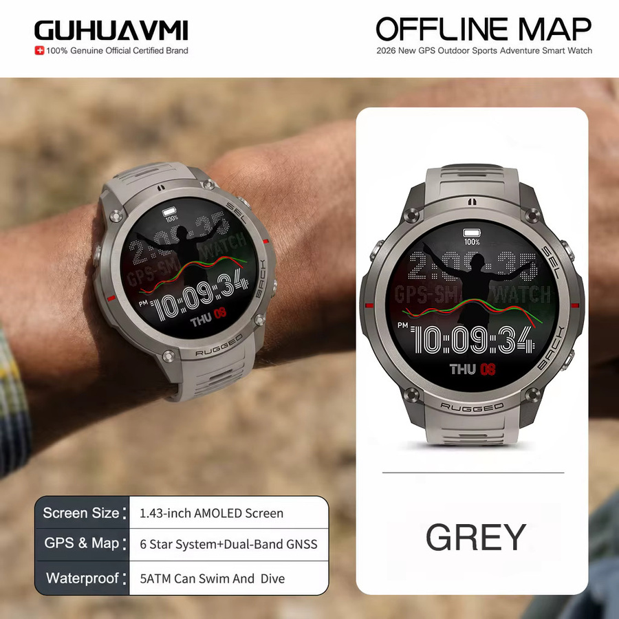 GUHUAVMI Premium Militär-Smartwatch für Herren in Grau mit GPS-Outdoor-Navigation, Offline-Karten, 5ATM Wasserdichtigkeit, Kompass, Höhenmesser, Barometer und Bluetooth-Anruffunktion - Bild 7