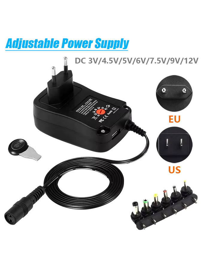AEVYVKV Einstellbares Universal Netzteil mit USB-A und USB-C, 30W, Schwarz, AC 220V/110V zu DC 3V-12V Adapter mit 5V 2,1A USB-Ausgang - Bild 7