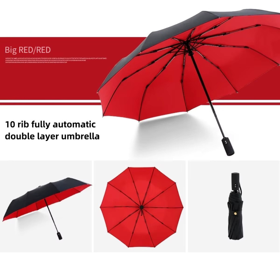 Momikawa Vollautomatischer Doppelschicht-Faltschirm in Rot mit 10 Rippen und windfestem Design für Business-Stil - Bild 3