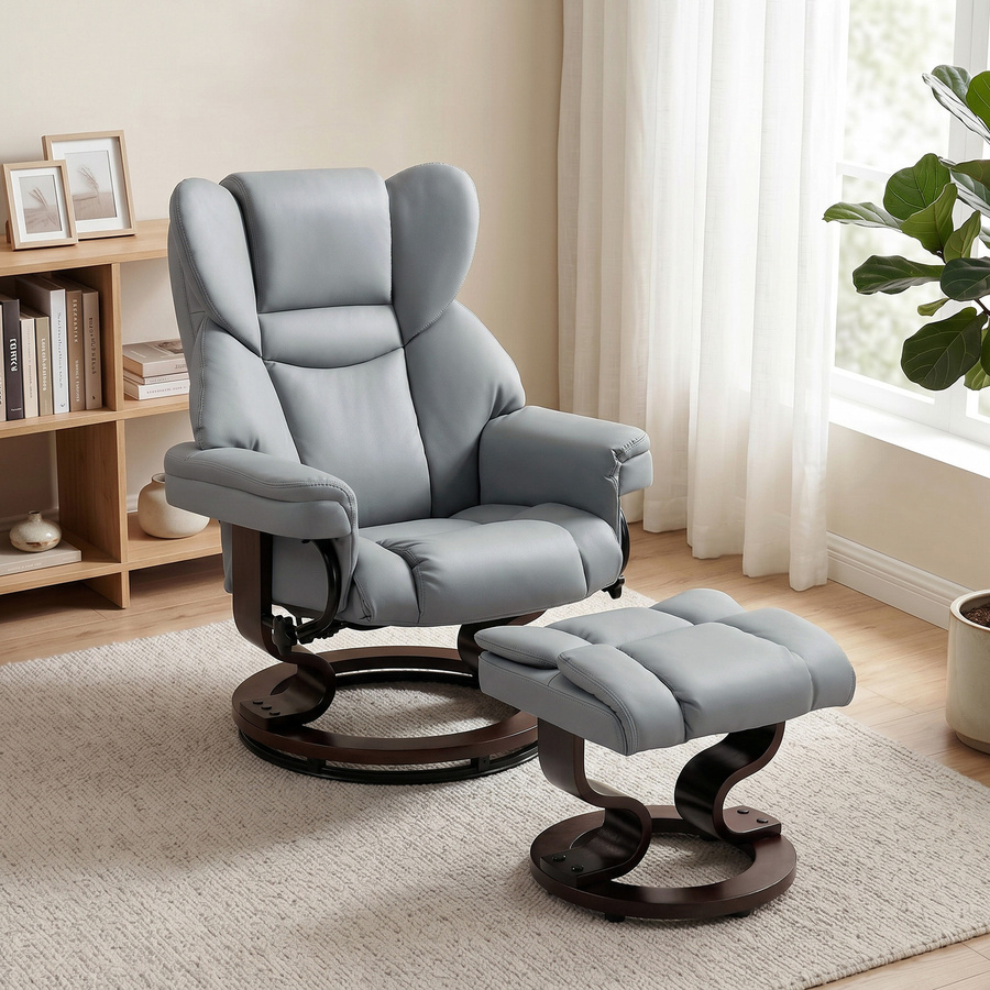 HOMCOM Relaxsessel mit Hocker, 360 Grad drehbarer Polstersessel mit Liegefunktion und Armlehnen, Kunstleder, Hellgrau - Bild 2