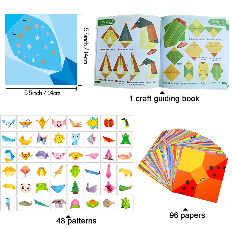 Origami-Set mit 96 Blatt buntem Bastelpapier und Anleitung für Kinder und Anfänger - Bild 2