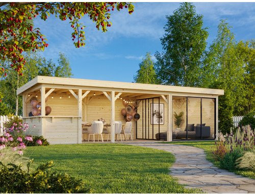 Palmako Pavillon Lenna Set 415 Slide aus Fichtenholz in Braun mit transparenten Alu-Schiebetüren und PZ-Schloss, B/H/T: 876 x 245 x 300 cm - Bild 3