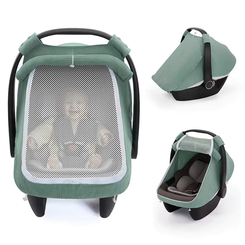 Ardo Baby-Kinderwagenkorb mit Moskitonetz und Sonnenschutz aus Baumwolle in Beige und Grün - Bild 1