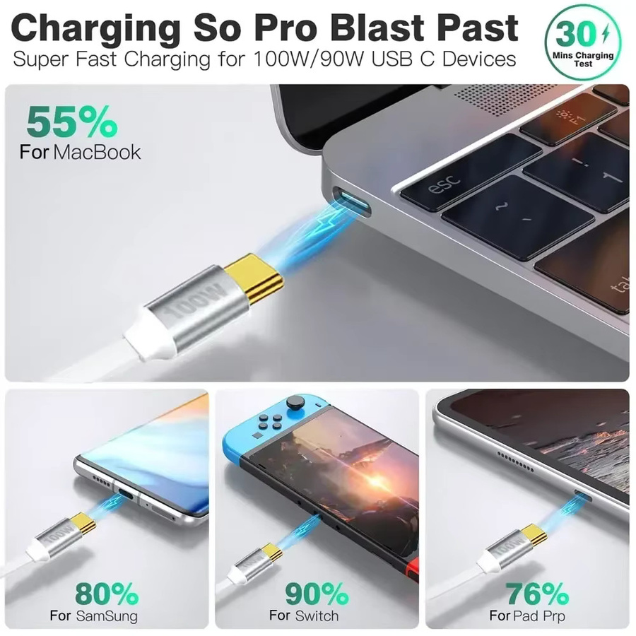 PD 100 W USB C einziehbares Schnellladekabel in Weiß für iPhone 15 Pro Max, MacBook, Samsung und iPad - Bild 2