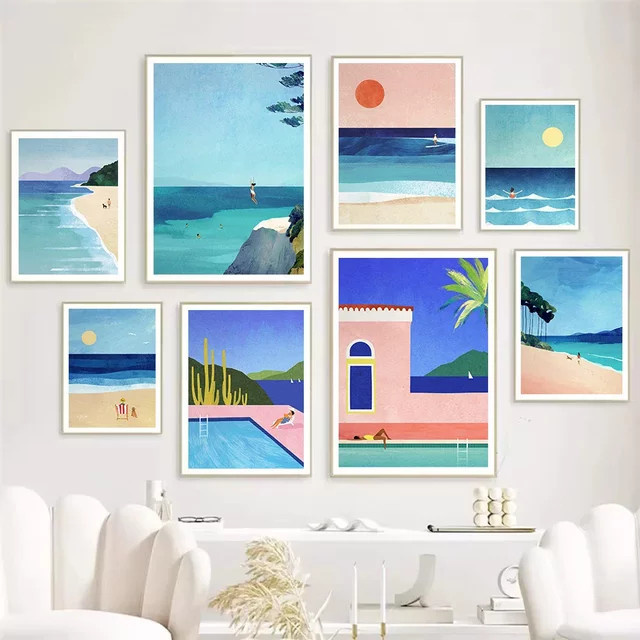 Potdemiel Abstrakte Minimalistische Leinwand Wandkunst Meer und Strand Sommer Motiv - Bild 1