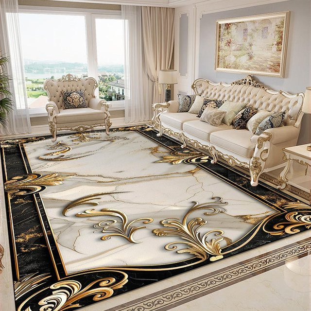 Karpetti Dekorativer Teppich in Gold und Weiß, Europäischer Stil, Rutschfest und Waschbar, B/T: 80 x 120 cm - Bild 1