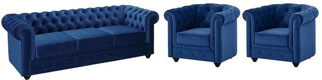 Vente-unique Chesterfield Couchgarnitur aus Samt mit 3-Sitzer-Sofa und Sessel in Königsblau, Breite: 205 cm, Tiefe: 82 cm - Bild 1
