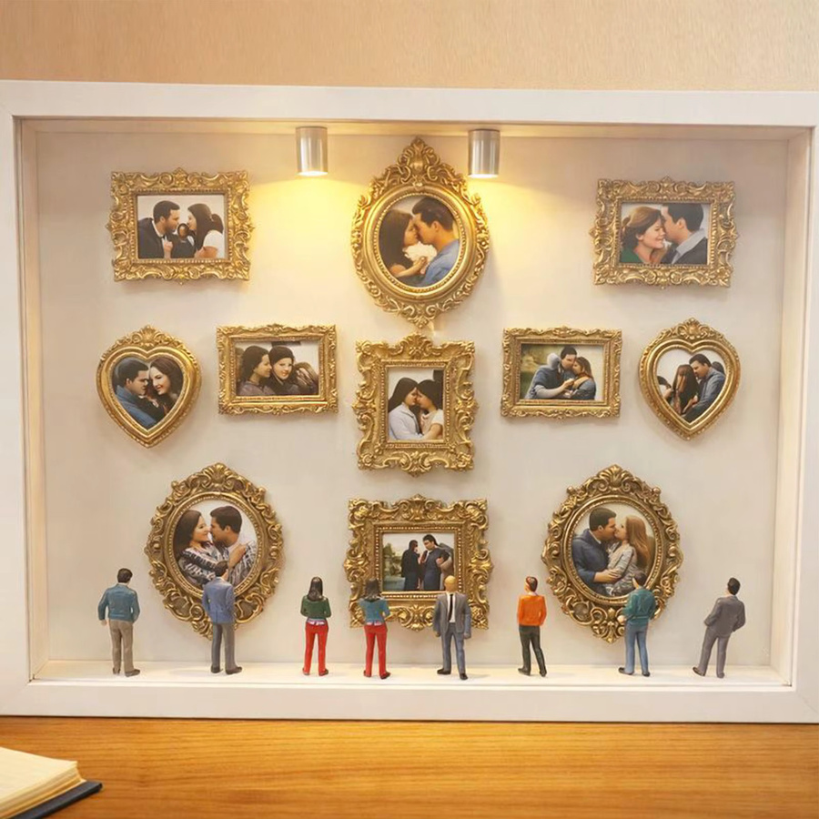 Mini-Museum Silhouetten-Box Erinnerungsfotorahmen mit LED-Beleuchtung und 8 Figuren aus Holz, 11-teiliges Set für den Schreibtisch - Bild 4