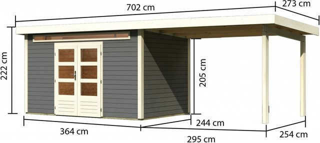 Gartenhaus aus Holz KANDERN 7 in Terragrau mit Flachdach und Anbaudach, Wandstärke: 28 mm, B/T/H: 364 x 244 cm - Bild 1