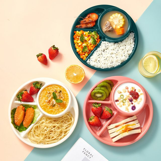 WORTHBUY Runder Salatteller aus Melamin in Pink mit Gabel und Löffel, geteilter Speiseteller für Kinder und Studenten, spülmaschinenfest und mikrowellengeeignet - Bild 1