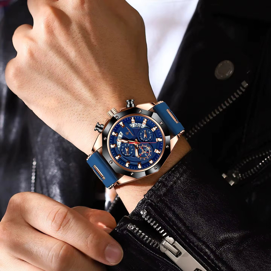 POEDAGAR Armbanduhr Chronograph, Quarz, Silikon, Schwarz, Herren - Bild 5
