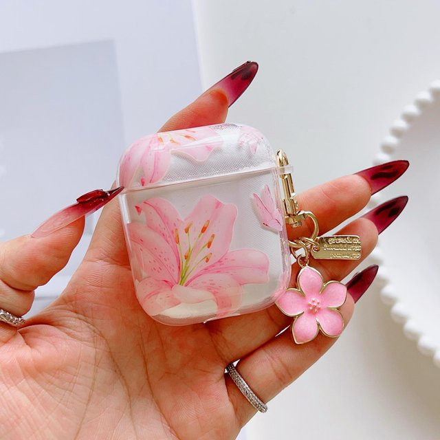 Rosa Lilienblumen Kopfhörerhülle für Apple AirPods 1 2 3 4 und AirPods Pro 2 mit weißen Blumen, weiche Schutzhülle in Rosa und Weiß - Bild 1