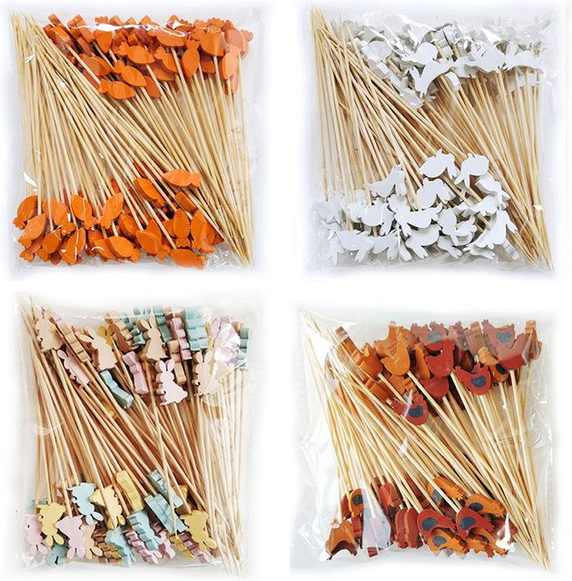 100 Stück Ostern Einweg Bambus Spieße mit Hase Karotte und Küken als Deko-Picks für Obst und Party-Dekoration - Bild 1