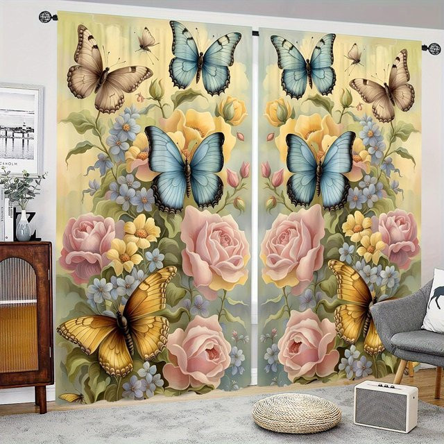 2er-Set transparente Vorhänge mit Blumen- und Schmetterlingsdruck von Household supplies MH aus Polyester, Mehrfarbig, B/H: 50 x 130 cm - Bild 1