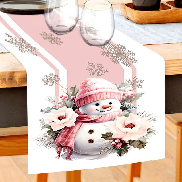 VIKAMA Weihnachts-Tischläufer mit Schneemann- und Schneeflocken-Motiv in Rosa, Leinen, B/T: 183 x 33 x 33 cm - Bild 1