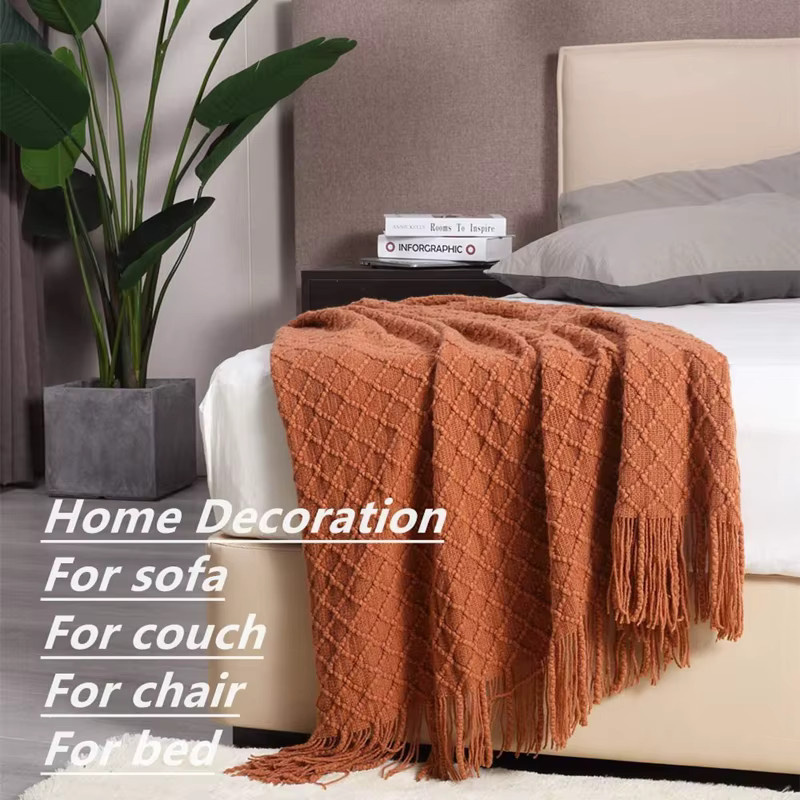 Inyahome Nordic Retro Gestrickte Decke in Beige mit geometrischem Muster - Bild 3