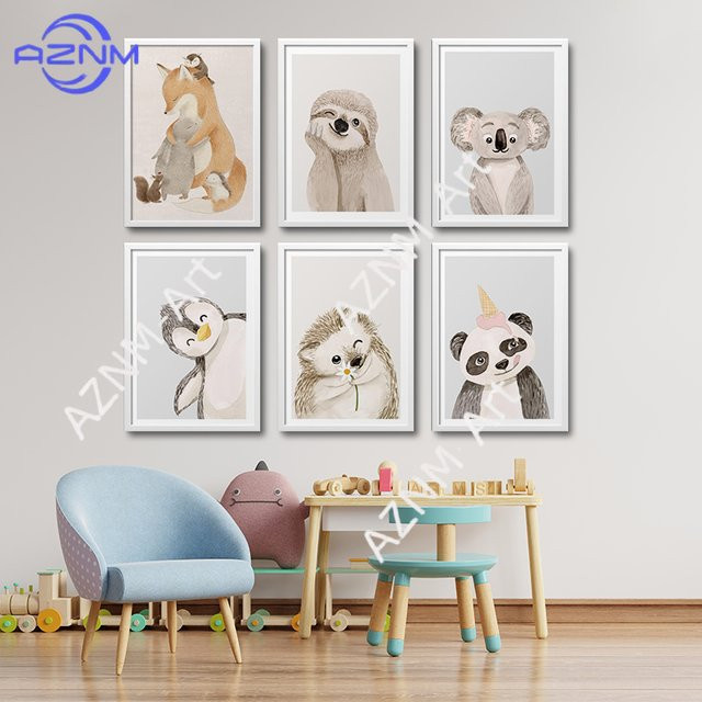 KAYOU Leinwanddruck Poster mit Faultier, Igel, Koala, Panda und Pinguin für die moderne Kinderzimmer Wandkunst in Mehrfarbig - Bild 1
