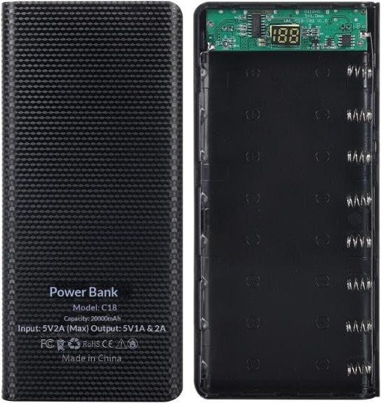 DIY Powerbank Gehäuse für 8x 18650 Akkus mit Dual USB und Typ C, PD QC3.0 Schnellladung, Schwarz - Bild 1