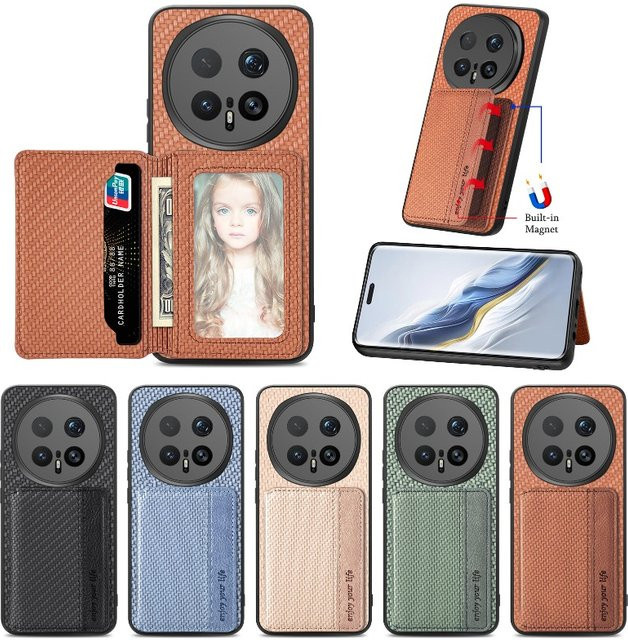 JOCAJE Magnetische Flip-Hülle aus Carbon Fiber und Leder für Honor Magic 8 Pro und Honor Magic 8 Lite in Beige mit Kartenfach und Standfunktion - Bild 1