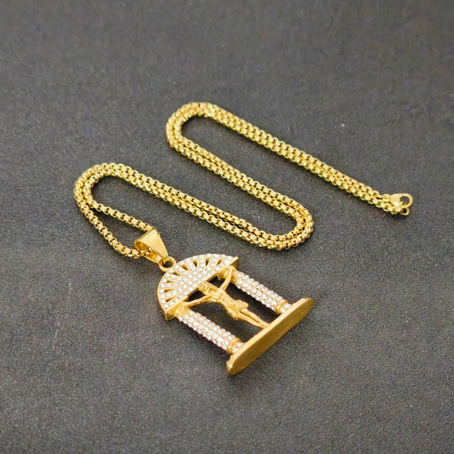 Anhänger Jesus-Kreuz, Edelstahl, Gold, Zirkonia, Unisex - Bild 1