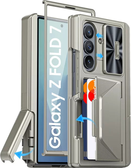 BANGZAO Handyhülle für Samsung Z Fold 7 mit RFID-Kartenhalter, Scharnierschutz, Kameraabdeckung und integriertem Ständer in Titan Grau - Bild 1