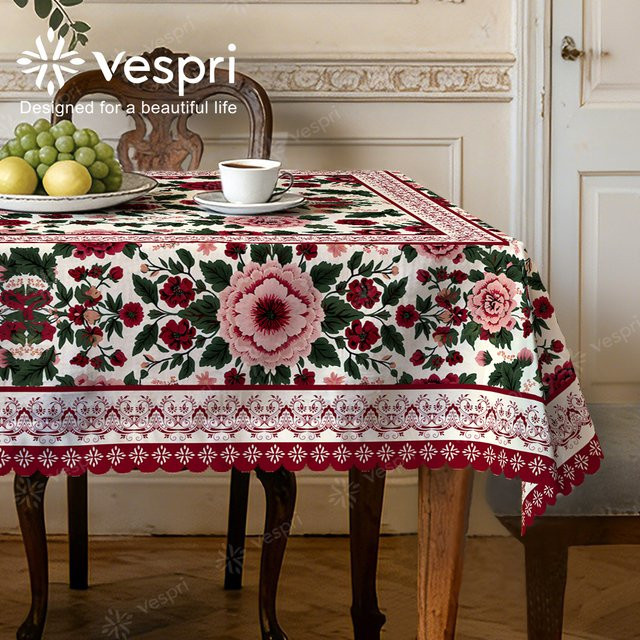 Vespri Blumen-Oster-Tischdecke mit weiß-rotem Blumenmuster und Spitzenborte, rund - Bild 1