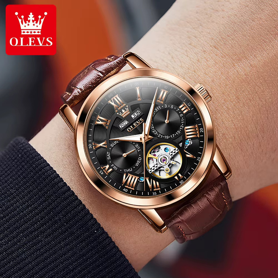 OLEVS Armbanduhr Automatik, Leder, Edelstahl, Bicolor, Herren - Bild 2